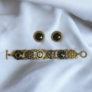 ST. JOHN Vintage 1980s Gold Black & White Enamel Button Link Bracelet & Earrings